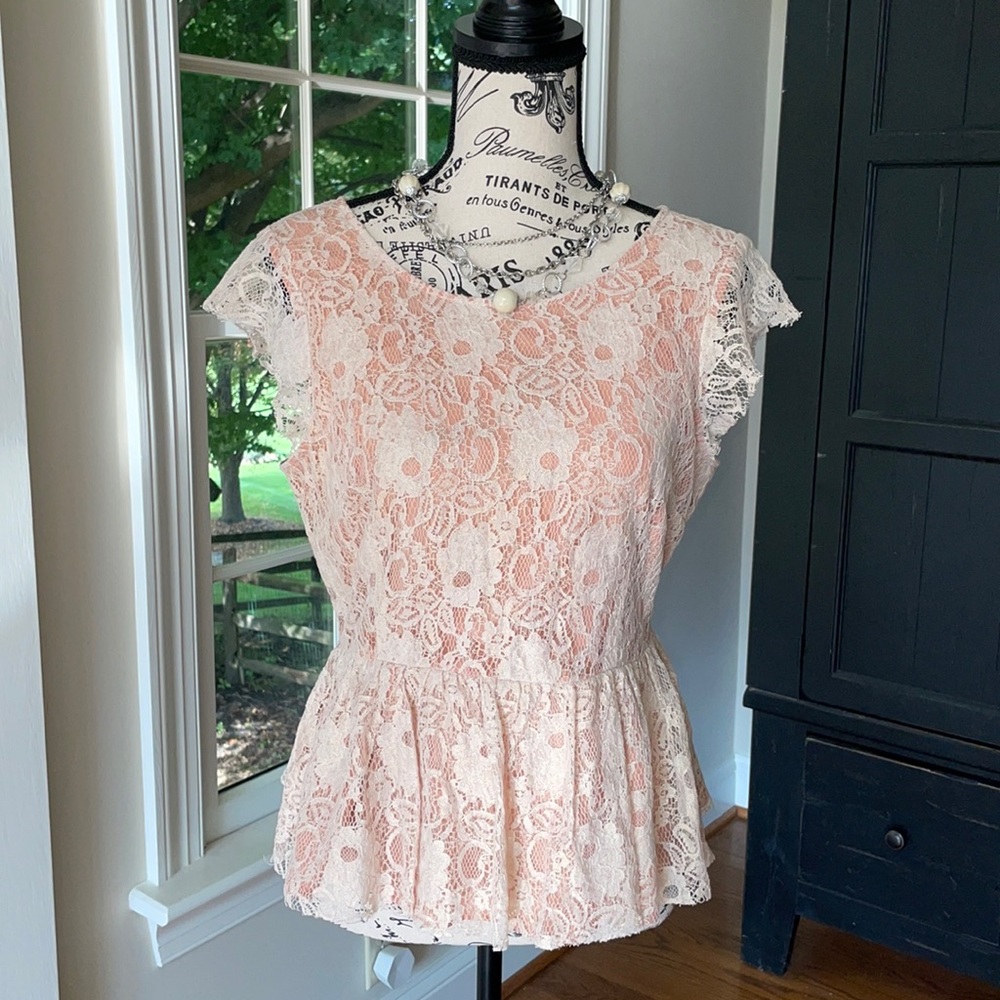 Maeve Blush Pink Lace Peplum Top